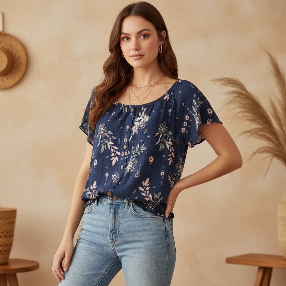 NEW‎ Mudd XXL Blue Floral Top Peasant Boho Cottage Whimsy Coastal Casual Prairie